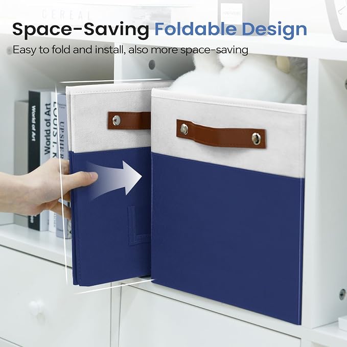 FinishingBo 10.5" x 11" Storage Bins with Labels 6 Pack | PU Leather Handles, Foldable Storage Cubes, Storage Baskets, Closet Storage, White/Blue
