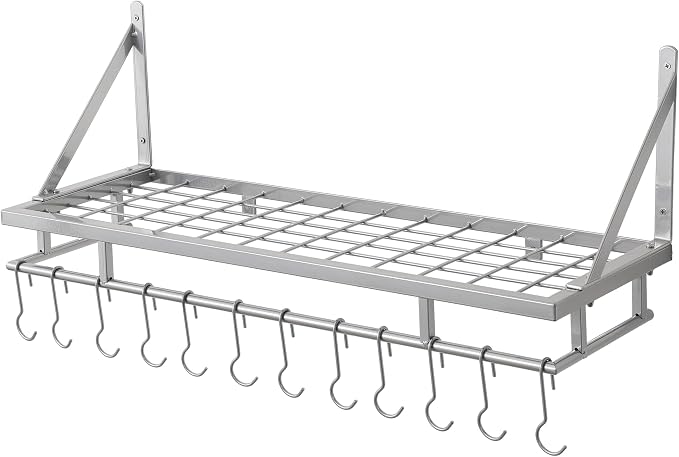 KES 30-Inch Silver Gray Pot Rack with 12 Sturdy Hooks, Wall Mounted | Holds 88 lbs, Cast Iron Pots and Pans Organizer, Kitchen Wall Hanging Hanger Shelves, Modern, KUR215S75A-SG
