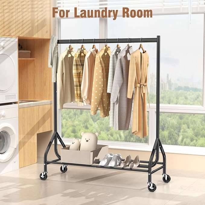 EAGMAK Heavy Duty Clothes Rack Load 420 LBS, 47.2" Long Rolling Garment Rack with Lockable Wheels, Standing Metal Clothing Hanger, Portable Wardrobe Sturdy Coat Organizer for Hanging Clothes (Black)