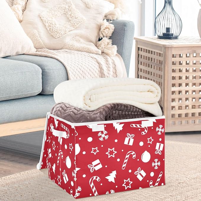 CaTaKu Large Fabric Storage Bins With Lids, Red Christmas Tree Storage Boxes With Handles for Organizing Clothes, Collapsible Storage Cube Bins Baskets for Shelves