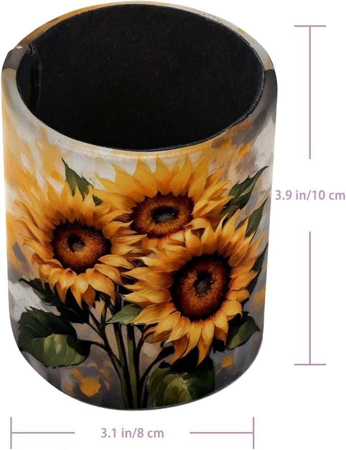 Retro Sunflowers Pattern Pen Holder Pencil Organizer for Desk, 3.1” x 3.1” x 3.9” Pencil Cup Office Supplies, Large Capacity Cute Pen and Makeup Brush Holder for Home, School, Desktop