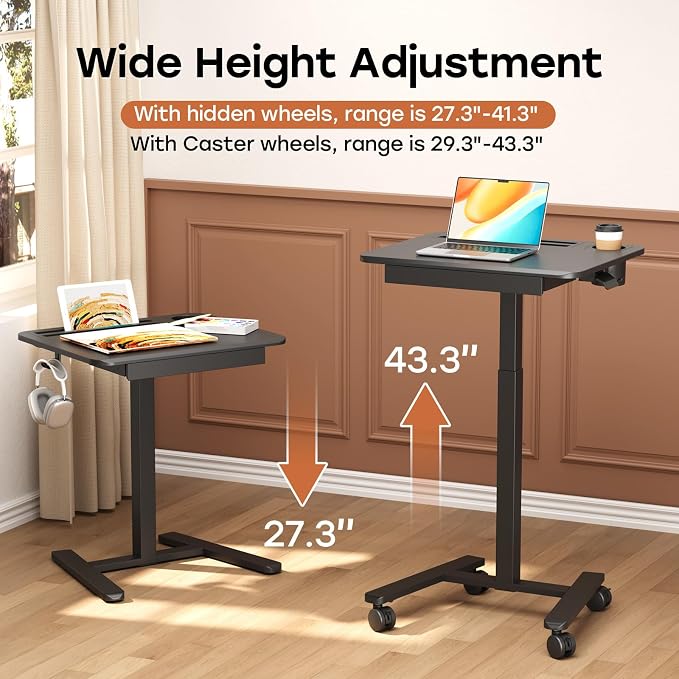 Small Mobile Standing Desk with Drawer, 23.6" x 19.7" Top | Height Adjustable Rolling Teacher Desk with Cup Holder and Hooks, Portable Workstation on Wheels for Classroom & Study, Black
