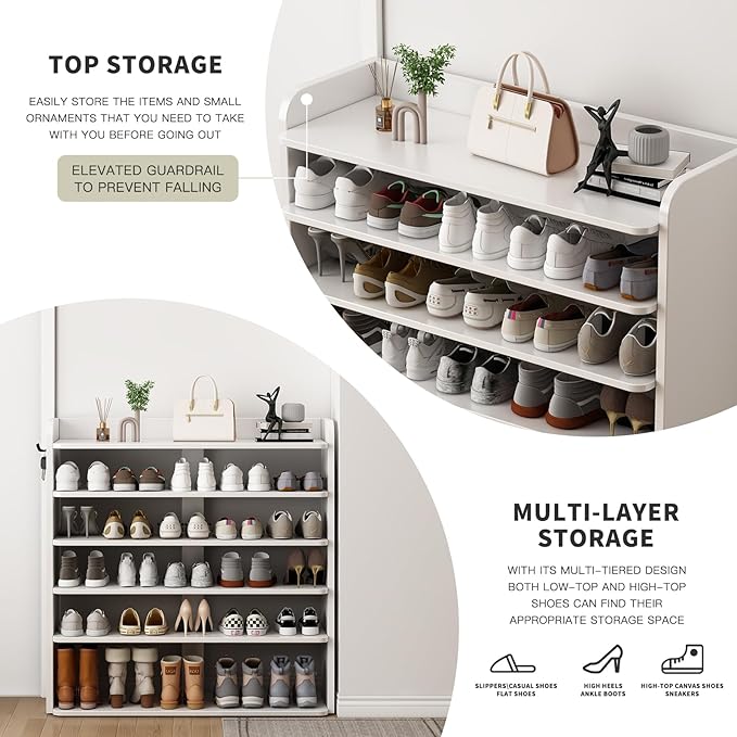 5 Tier Shoe Rack, Wooden Shoe Storage Cabinet, Large Capacity Tall Shoe Shelf Free Standing Shoe Rack Organizer for Closet Entryway Garage Bedroom, Gray