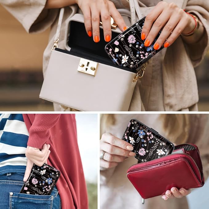 Coco Rossi Credit Card Holder RFID Aluminum Small Mini Wallet Women | Metal Wallet, Business Cards Holder, ID Case, Slim Sleeves, Womens Girls Gift, Carry Proof Wallets for Travel, Black Daisy