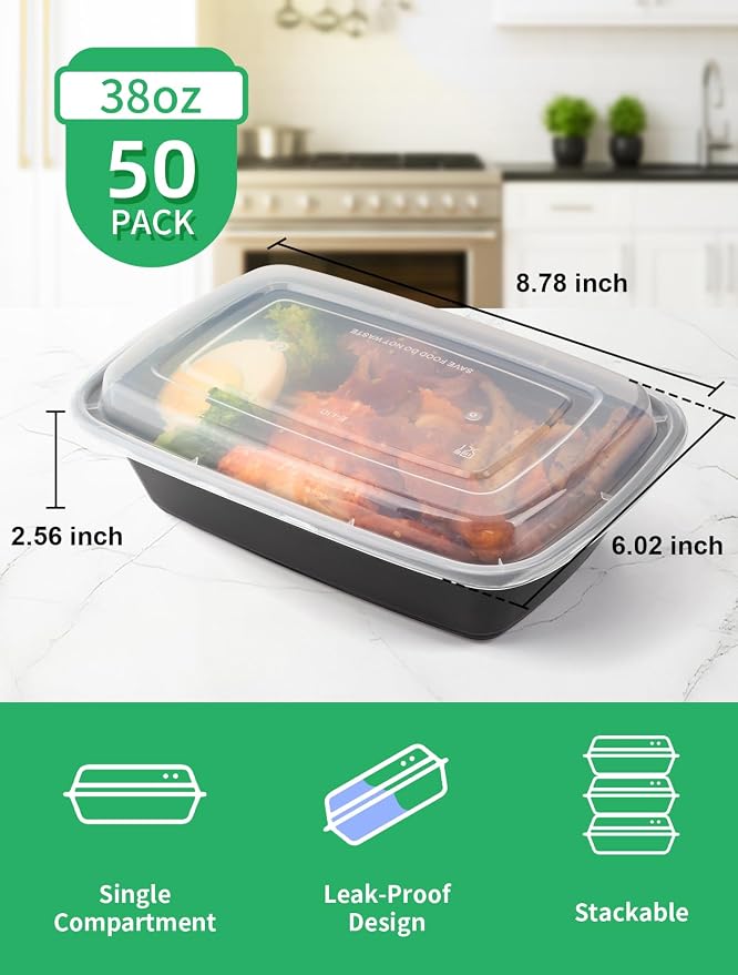 UMT Plastar 38 oz Rectangular Meal Prep Containers with Lids, 50 Pack BPA-Free Food Storage Containers