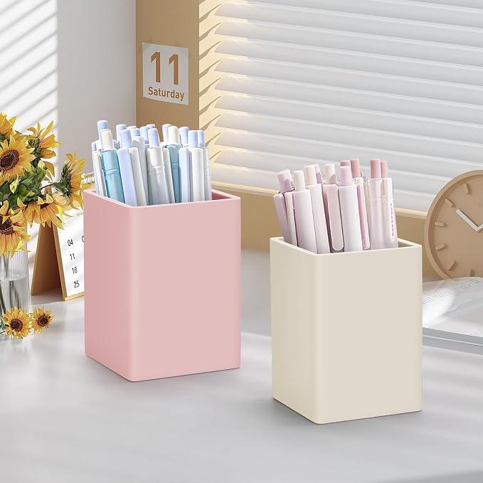 Pen Holder for Desk,Nordic Elegance Square Silicone Pencil Holder Soft Minimalist Desk Pen Cup Stand Waterproof Multifunctional Office Supplies for Home,Kids and School(Pink)