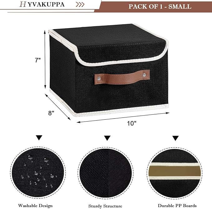 Collapsible Storage Boxes Baskets with Lid Cotton Linen Fabric Storage Bins with Faux Leather Handles Decorative Washable Cube Organizer Container for Home Closet Bedroom (Black, Small Size)