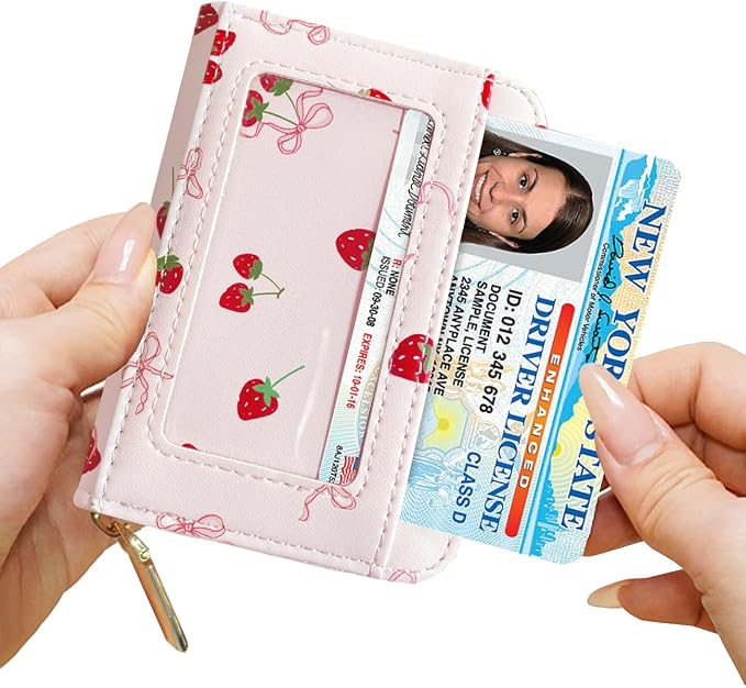 Sunwel Fashion Credit Card Holder for Women Small Accordion Card Cases with ID Window (PINK STRAWBERRY)