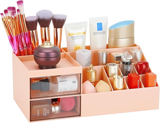LETURE Desk Organizer, Cosmetic Makeup Vanity Organizer Box, Bathroom Counter Makeup Storage for Eyeshadows, Skin Care, Concealers, Powders, Nail Polish (Pink Color)