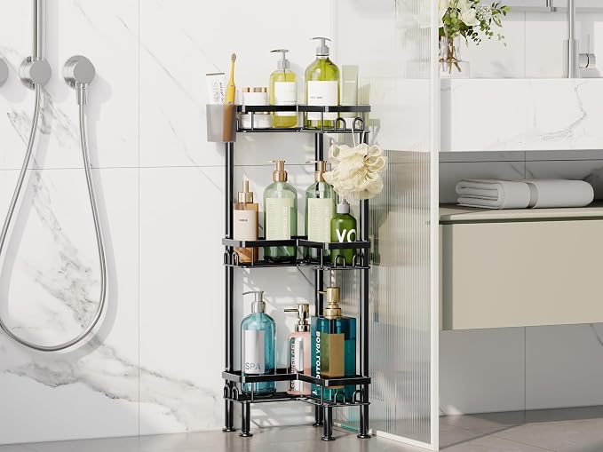 HapiRm Standing Shower Caddy Corner - 3 Tier Corner Shower Organizer with Toothbrush Holder and 12 Hooks, Large Capacity Rustproof Bathroom Shelves for Tall Bottles, Black