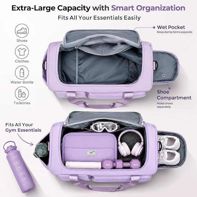 FIORETTO Women's Gym Duffle Bag with Shoes Compartment, 30L Capacity, Ideal for Travel, Gym, Sports, Duffel, Weekender