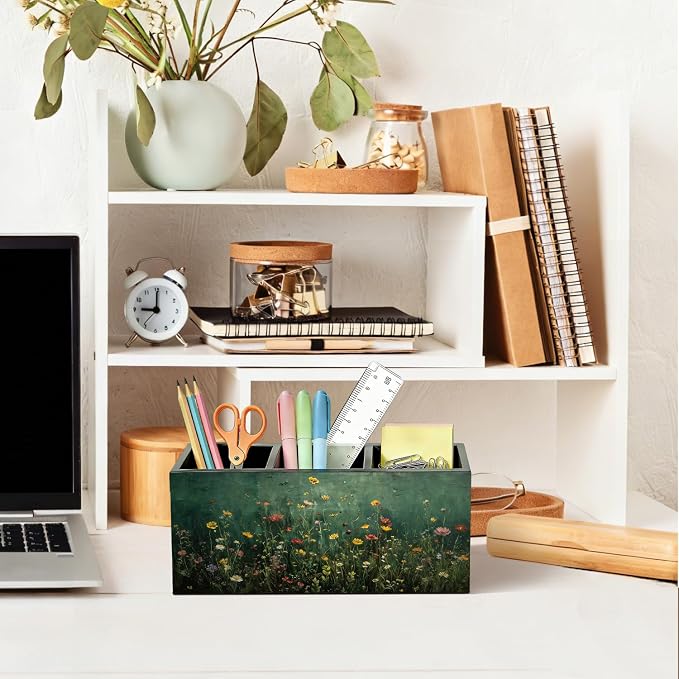 Moody Floral Pen Pencil Holder for Desk, Desk Pen Organizer Dark Green Wildflower Botanical Green Wooden Office Pencil Cup for Home Room Office Bedroom Desk Accessories Tabletop Decorations