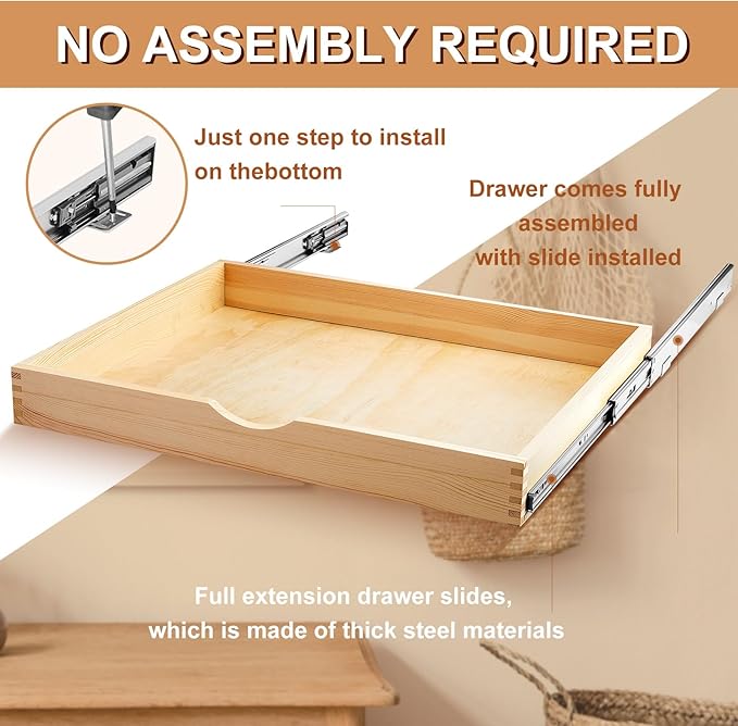 Menkxi 2 Set Wooden Pull out Cabinet Organizer Fully Assembled Slide out Pantry Drawer with Gentle Close Storage Shelf Tray for Base Kitchen Under Sink Bathroom Accessory(Wood Color,27'' X 21'' X 3")