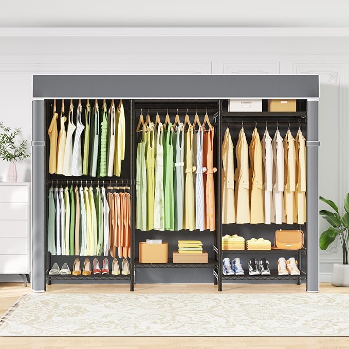 Ulif E13C Heavy Duty Closet Organizer System，Freestanding Clothing Racks for Hanging Clothes，Adjustable Garment Rack 63" W x 16" D x 77" H Hold 960 lbs，Black Clothing Rack with Grey Dustproof Cover