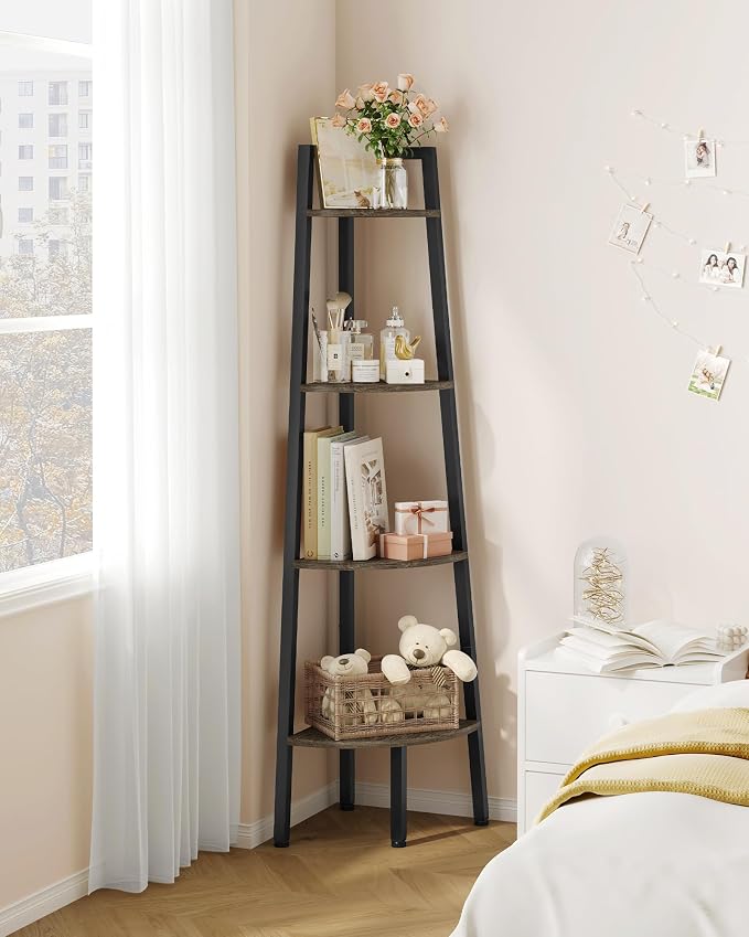 Hoctieon Corner Shelf, 4-Tier Corner Bookshelf, Rustic Ladder Shelf, Industrial Display Stand for Living Room, Kitchen, Home Office, Balcony, Small Space, Metal Frame, Grey