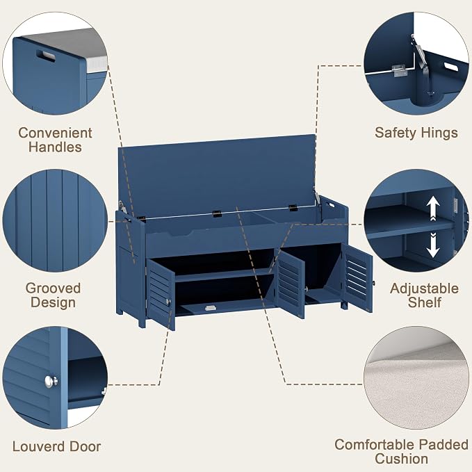 ChooChoo Shoe Storage Bench with Lift Top Storage & Cushioned Seats | 41.3" Entryway Bench with 3 Compartments & Adjustable Shelf, for Entryway, Blue