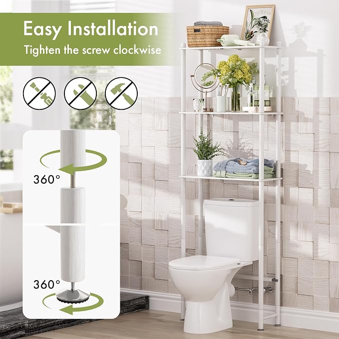 AmazerBath Over The Toilet Storage Bamboo, Bathroom Over Toilet Organizer Rack, 3-Tier Over Toilet Shelf, Space Saver, White