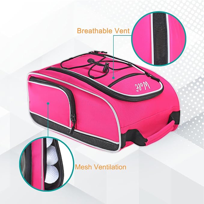Wolt 2 Pcs Golf Shoe Bag for Travel- Zippered Shoes Carrier Bags with Ventilation & Double Outside Accessory Pocket for Socks, Tees, Golf Balls, Etc. for Women and Men (Grey+Pink)