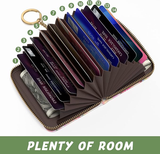 Aiawoxc Credit Card Holder for Women, Small RFID Wallet Slim Leather Card Organizer Case with Zipper Keychain, Watercolor Flower