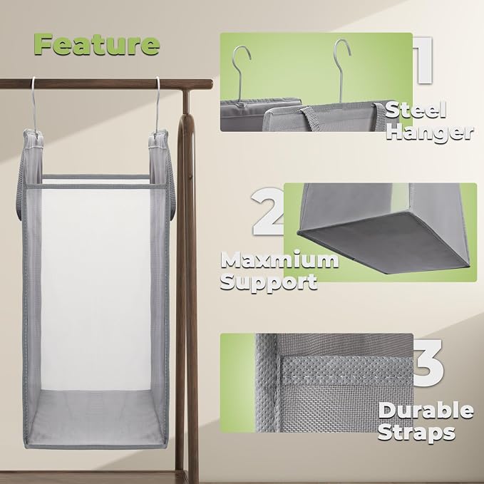 FENTEC Fentec Hanging Laundry Hamper, Hanging Laundry Basket, Slim Laundry Hamper Bag with Handles, Portable Hanging Closet Hamper, Mesh Heavy Duty Hanging Laundry Bag (Grey,1 Pack)