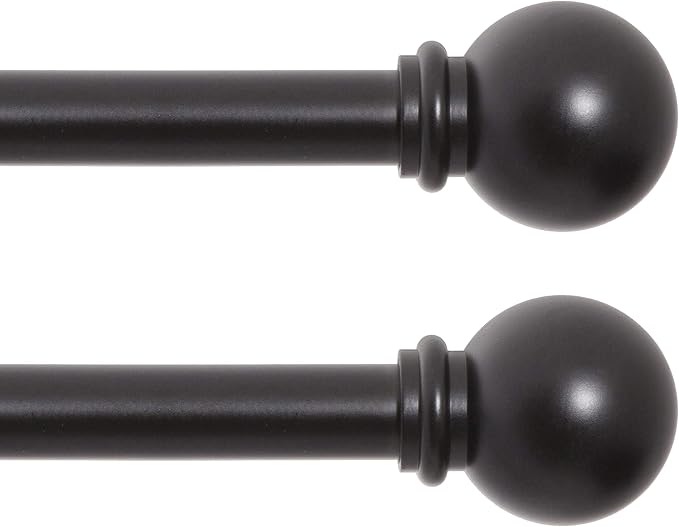 Kenney Chelsea Ball End Window Curtain Rod, Adjustable 48-86 Inch, Black, Carbon Steel, Wall Mounted, Painted Black, 2 Pack