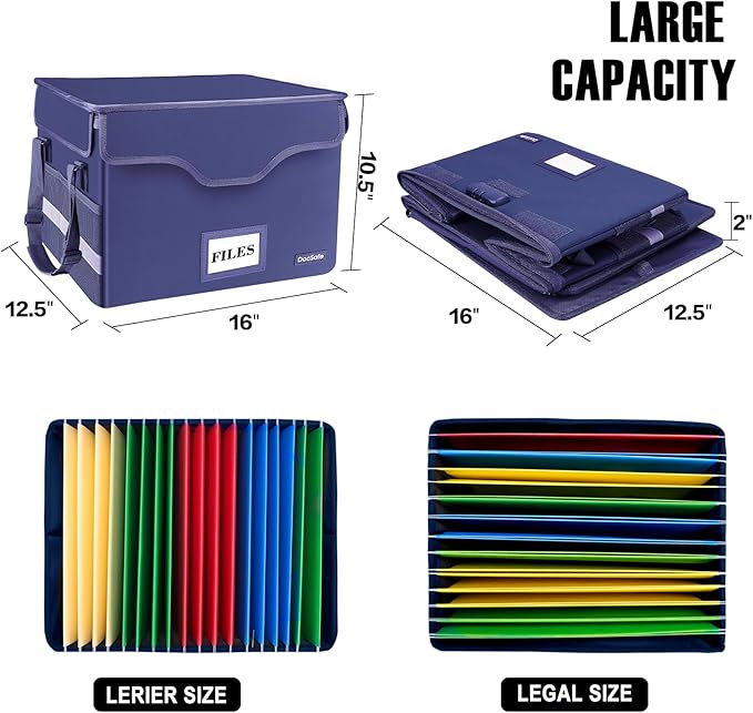 DocSafe Fireproof Document Box with Lock,File Storage Organizer with Pockets,Collapsible Portable File Box Home Office Safe Filing Cabinet with Handle for Hanging Letter/Legal Folders,Blue,2 Pack