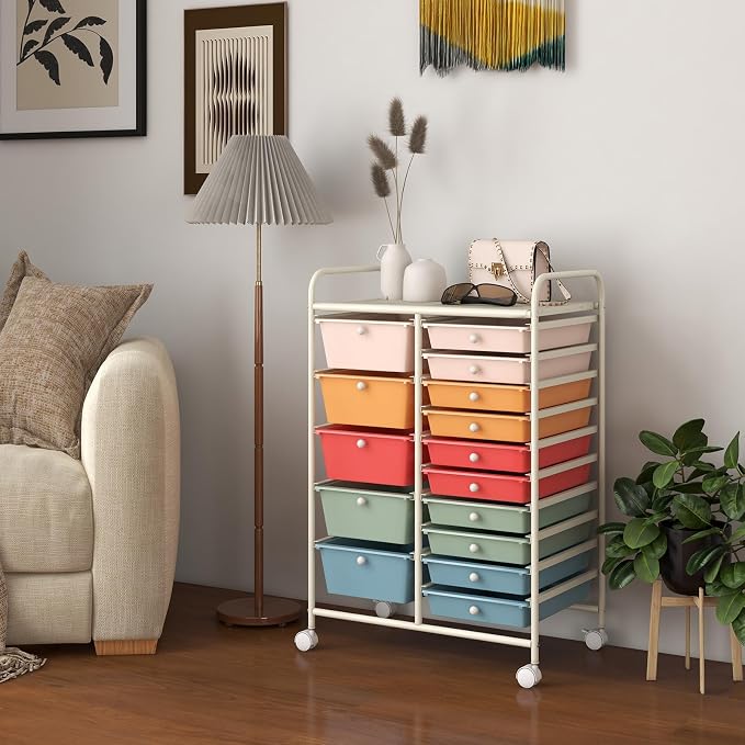 Moccha 15-Drawer Rolling Storage Cart - Under Desk Storage Drawers with wheels for Craft Art Supply Paper Salon, Scrapbook Paper Tools, Mobile Utility Cart for Classroom (15 Drawers, Macaron)