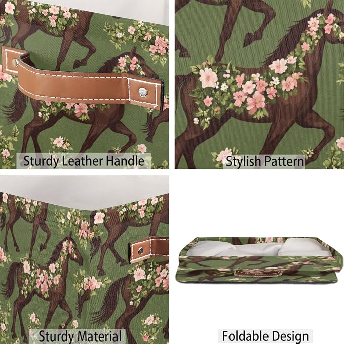 TropicalLife Floral Horse Storage Cube, 13 Inch Fabric Cube Storage Organizer Bin for Shelves Clothes, Decorative Foldable Storage Boxes