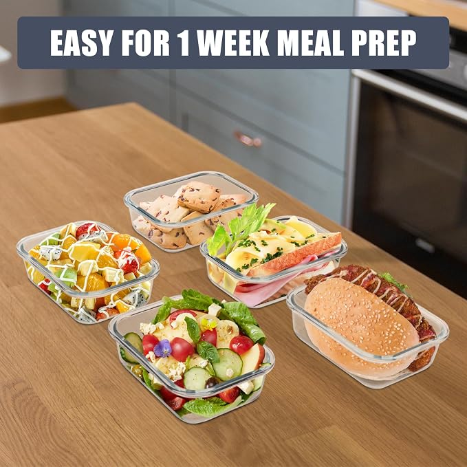 6pack 22oz Glass Meal Prep Containers with Airtight Lids, Lunch Containers | Portion Control Containers Set, Glass Food Storage Containers with Snap Lids, Freezer to Microwave Safe, Dishwasher Safe