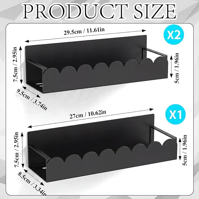 3 Pack Scalloped Metal Magnetic Spice Storage Rack Organizer with Hooks for Refrigerator and Oven, Black Fridge Organizers and Storage