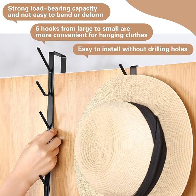 Tandefio 2 Pack 13.8" Over The Door Hook Hanger Comes with 6 Hooks from Large to Small Metal Extra Long Over The Door Hooks Hanger for Hats Rack Coat Scarf Purse Bags Scarf Keys and More (Black)