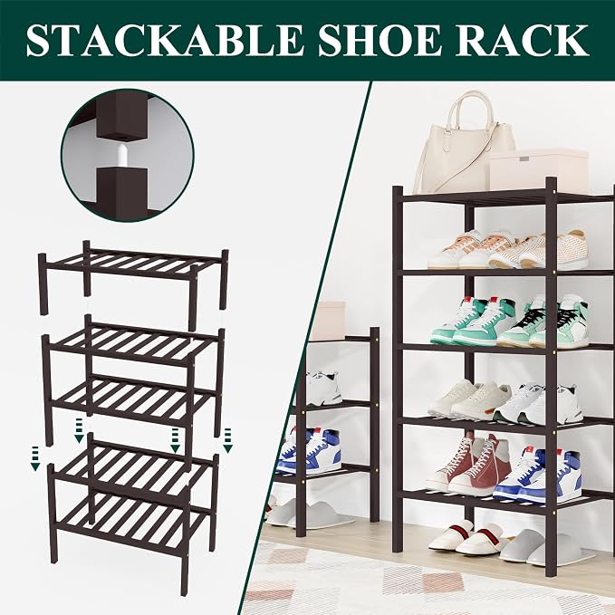Smiry Small Bamboo Shoe Rack, 4 Tier Free Standing Wooden Shoe Organizer, Stackable Wood Shoe Storage Shelf for Closet, Entryway, 12 Vertical Slats, 2+2 Stack Standard Legs, 17.3"x11"x26", Brown