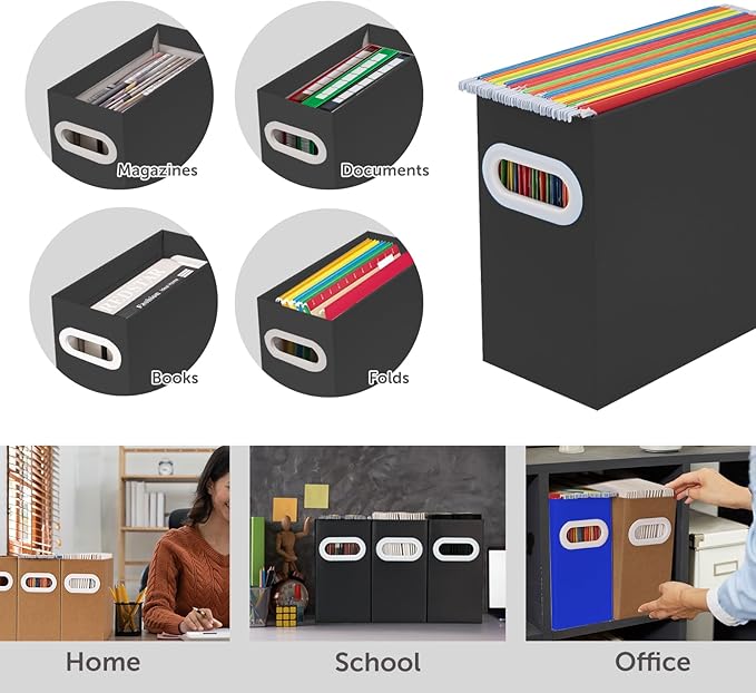 Collapsible File Organizer Box with Handle – Cardboard Hanging File Folder Storage Crate for Desk, Office, School, or Home – Colorful Portable Filing Box, Document Organizer, Magazine Holder