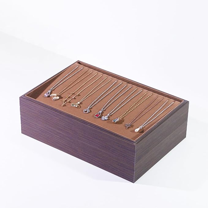 Wood Jewelry Organizer Tray, Necklace Holder (Brown, 2Pc, 20-Slot) | Stackable Jewelry Display, Necklace Display, Tangle-Free Necklace Stand, Pendant Organizer