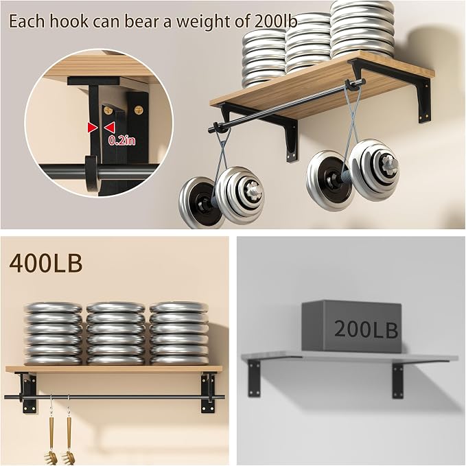 Heavy Duty Closet Rod Bracket Support 400 lbs 4 Pack | 10 x 5.6 in Balck Carbon Steel Wall Mounted L-shape Shelf Brackets with Rod Holders for Bathroom and Kitchen