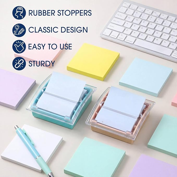 Junkin 2 Pcs Pop up Sticky Note Dispenser 3 x 3 Inch Sticky Note Holder with Transparent Top Colorful Base for School Office Home Store Desk Supplies (Pink and Blue)