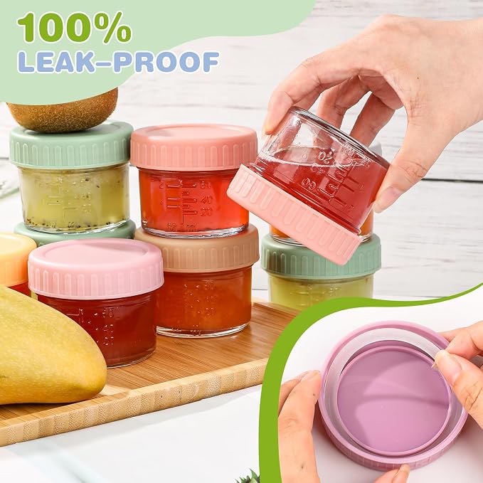 RowinsyDD 8 Pack Glass Baby Food Storage Containers, 2 oz Leakproof Baby Food Jars with Lids, Small Glass Food Containers for Infant Baby, Freezer Safe