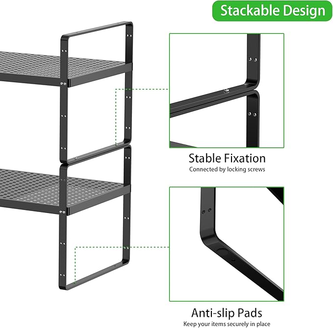 Expandable Cabinet Storage Shelf Stackable Organizer Rack for Kitchen Bathroom Pantry Spice Cupboard Coffee Countertop Home Office Desk Heavy Duty Nonslip Black Large 2 Packs