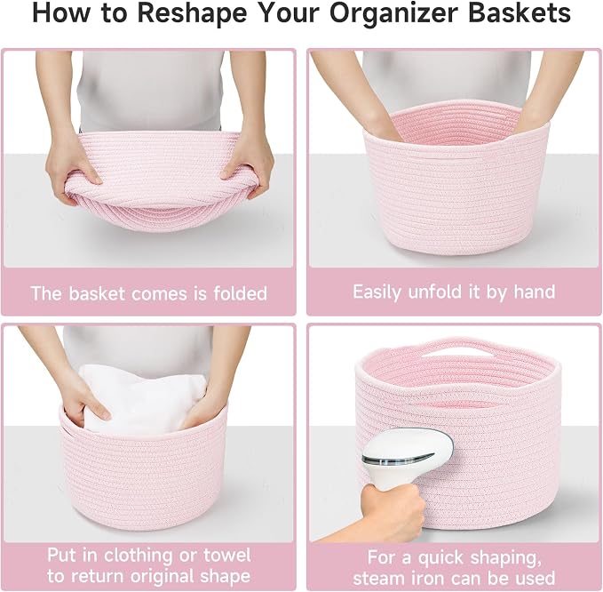 Small Rope Baskets for Storage, Baskets for Gifts Empty, Cute Round Woven Basket, Decorative Shelf Baskets 9.82×9.82×7.1", Cotton Toy Basket Storage Bins for Organizer 3 Packs-Pink
