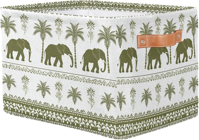 Rectangular Storage Baskets Elephant Palm Tree Fabric Storage Bin Toy Organizer Box with PU Leather Handles for Room Decor
