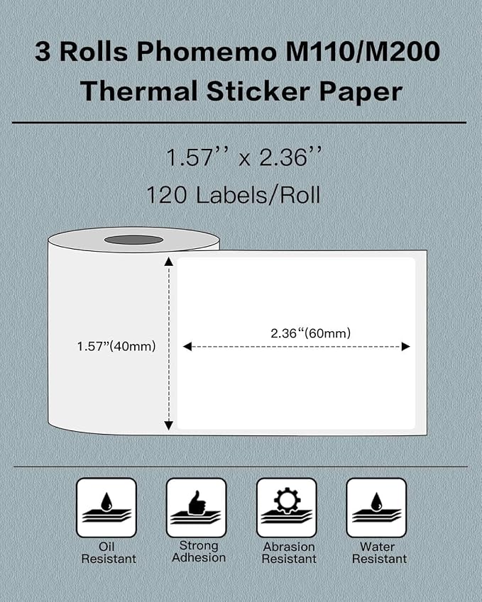 Phomemo Labels- 3 Rolls M110/M220/M221/M120/M200 Thermal Label Paper, 1.57'' x 2.36'' (40x60mm)- M110 Label Multipurpose Square Self-Adhesive Paper, Total of 340 PCS