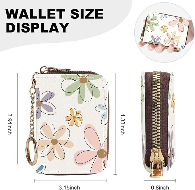 Credit Card Holder for Women,Small Rfid Wallet with Keychain Zipper,Cute PU Leather Card Case Wallet，Accordion Credit Card Wallets Gift,Colorful Line Flowers