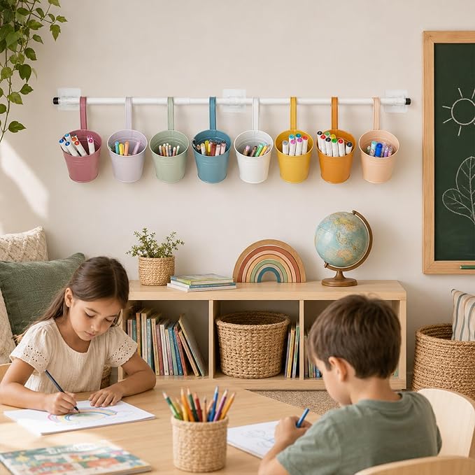 OBUSATT 8 PCS Boho Metal Pencil Holder with Pipes Back to School Hanging Iron Small Pails Colors Crayon Organizer First Day of School Boho wall pencil holderr for classroom Kids Crafts Party Favors