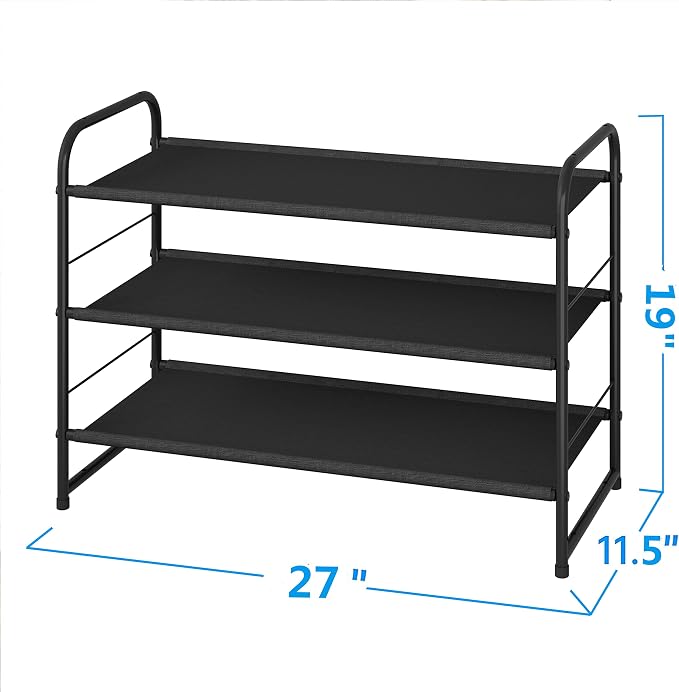 Simple Trending 3 Tier Stackable Shoe Rack, Expandable Adjustable Fabric Shoe Shelf Storage Organizer, Black
