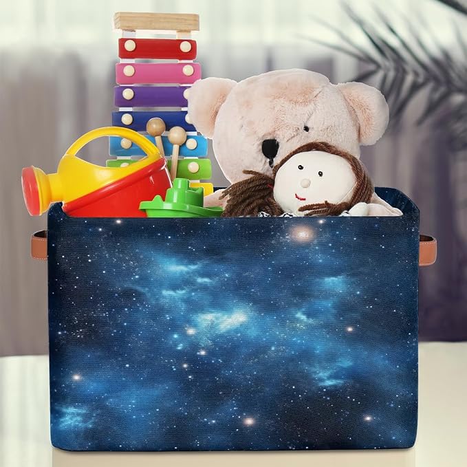 Rectangular Storage Baskets Blue Nebula Pattern Fabric Storage Bin Toy Organizer Box with PU Leather Handles for Room Decor
