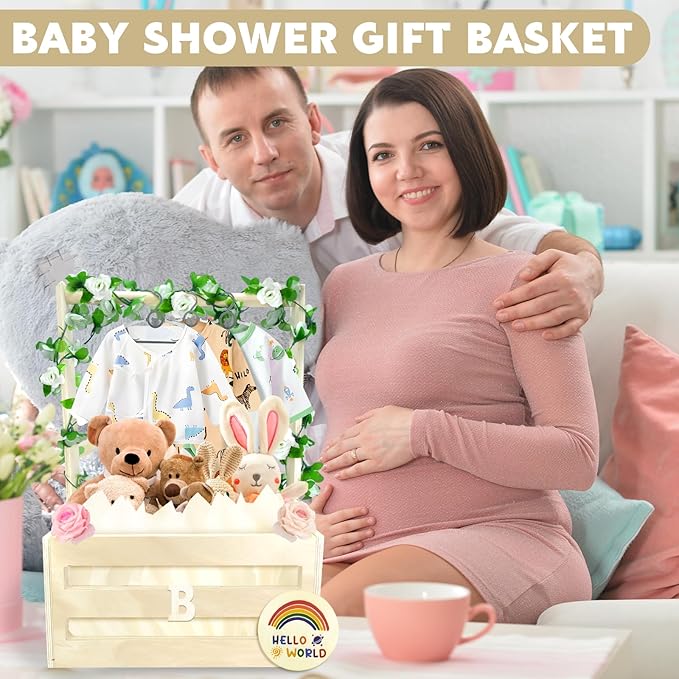 Wooden Baby Shower Crate Closet with Hanger Rack,Baby Baskets,Baby Shower Baskets with Handles & Garland for Newborn Boys Girls,Pregnancy Gifts for New Parents
