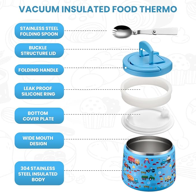 Itslife 14oz Vacuum Insulated Soup Thermo for Hot Food, Kids Lunch Container with Leakproof Buckle Lid, Wide Mouth Stainless Steel Food Jar with Spoon