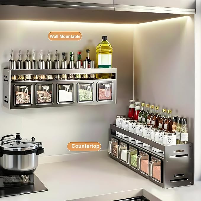 Kitchen Spice Rack, Kitchen Organizer and Storage Rack with 5 Spoons, Spice Organization for Cabinets Punch-free Wall/Countertop Home Decor Multifunctional Double Layer 5 Grid Condiment Rack, Gray