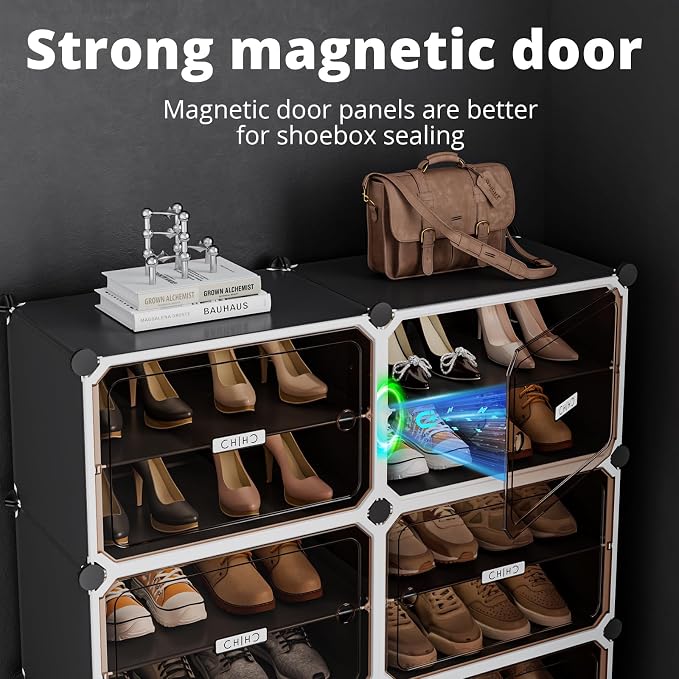 MAGINELS 8-Tier Shoe Rack,Expandable Plastic Shoe Cabinet. Shoe Storage with Door,Entryway, Closets, Hallway, and Bedroom.Accommodates Up to 48 Pairs of Shoes.Grey (3 by 8)