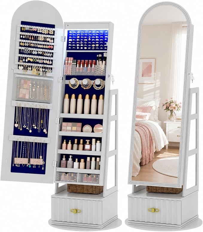 Vlsrka Arched LED Mirror Jewelry Cabinet with Full Length Mirror, White | Lockable Jewelry Armoire Cabinet, 360° Swivel Jewelry Organizer with Drawer Storage, Foldable Makeup Shelf, 2 Rear Hooks